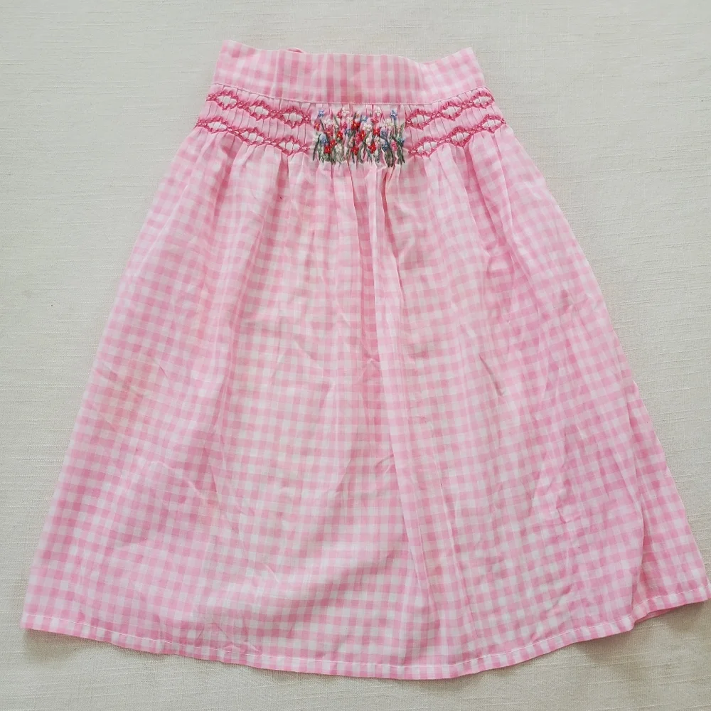 Vintage kids apron pink gingham floral embroidery